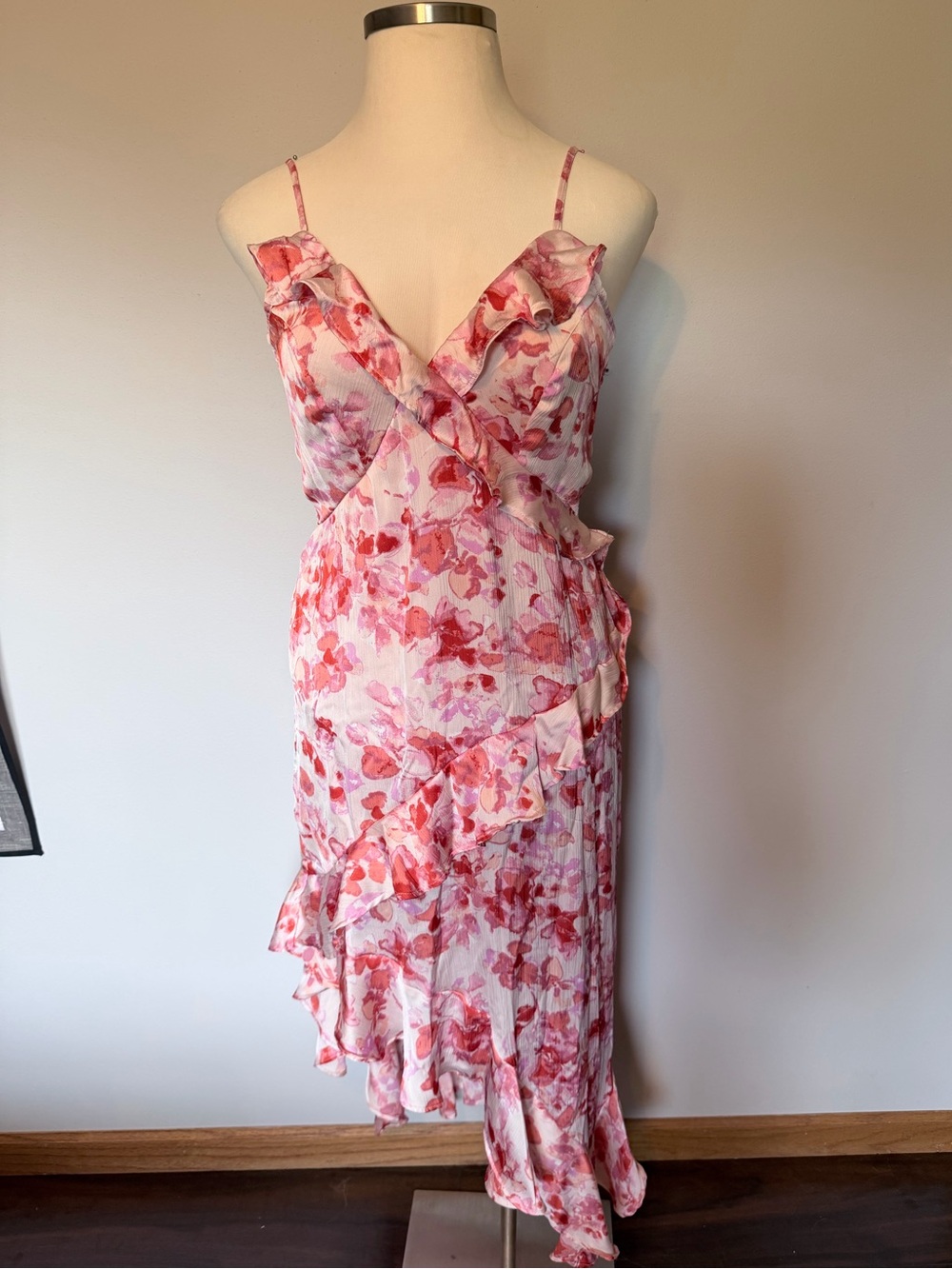 Japna Pink & Coral Floral Ruffle Midi Dress
